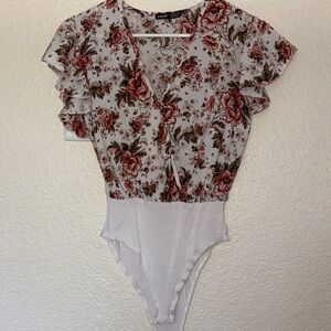 Shein Floral Flutter-Sleeve Wrap Bodysuit